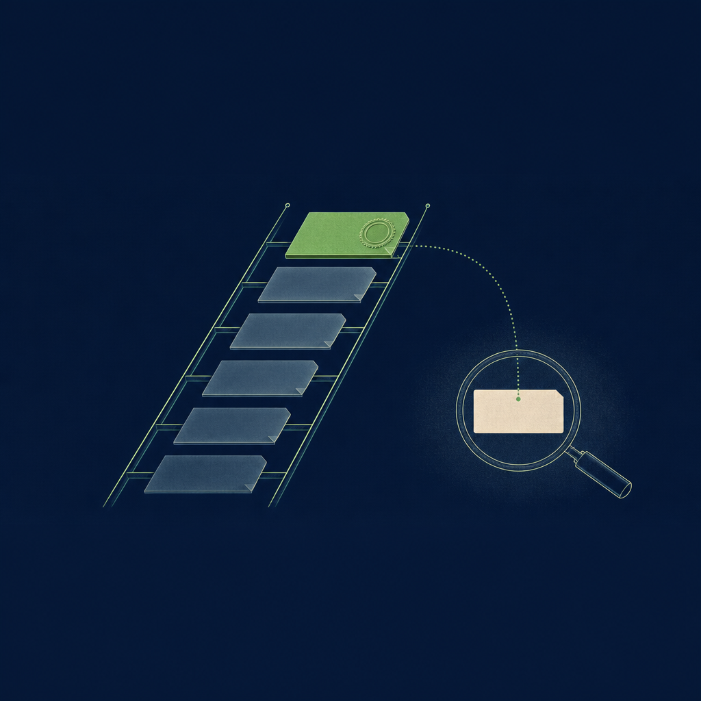 Text-free editorial vector illustration on a deep navy background, composition held inside a horizontal band across the middle of the frame with empty navy margins above and below: a six-rung ladder drawn in thin luminous lines rises diagonally from the lower left to the upper right; on each rung sits a small plain document shape, the five lower rungs holding faint translucent grey-blue sheets and the top rung holding a soft green sheet with an embossed round seal mark; to the right of the ladder a single magnifying-glass outline hovers over a plain warm off-white index card, and a thin dotted thread runs from the sealed green document on the top rung down to the card; minimal flat geometric shapes, soft glow, no letters, numbers, labels or logos.