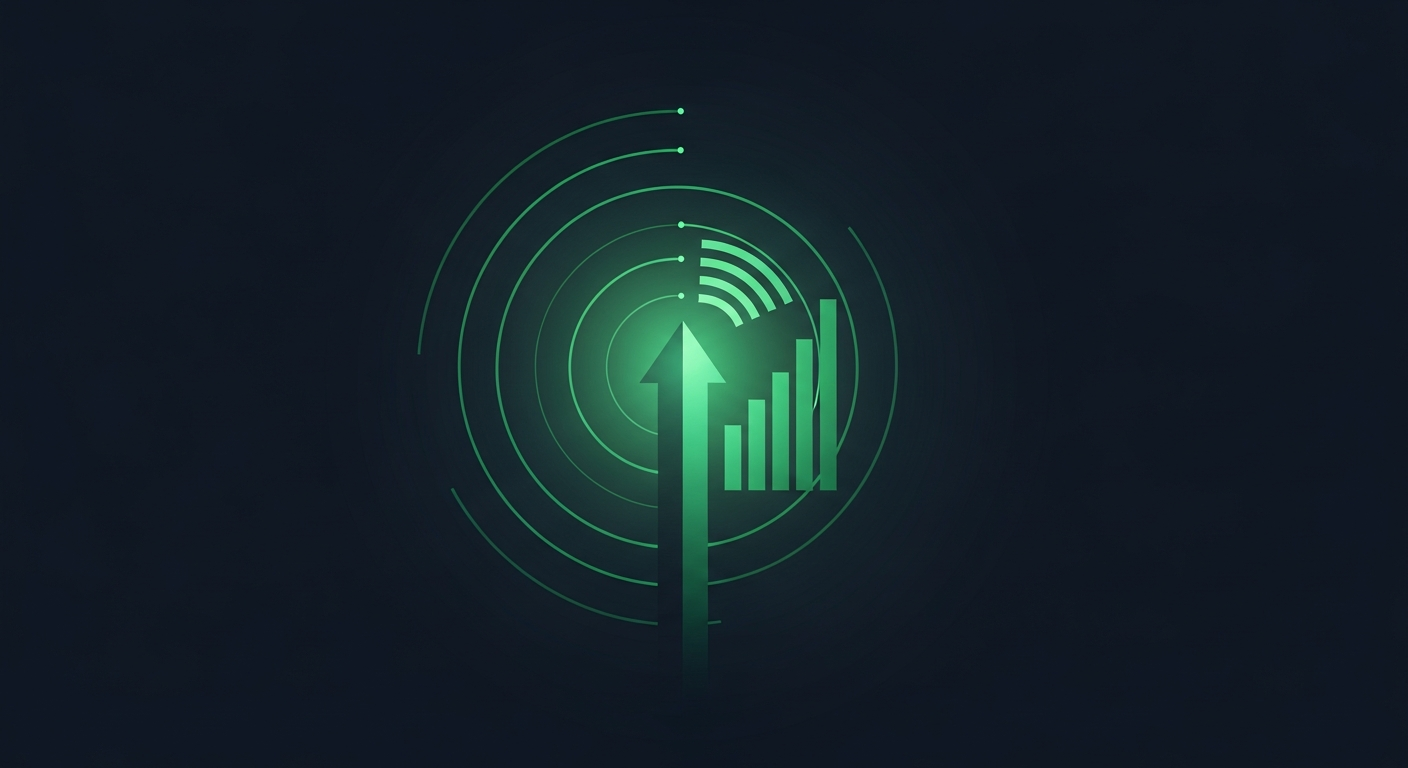 Editorial illustration of a green upward-pointing cursor arrow rising through concentric radar rings and ascending signal bars on a deep navy background.