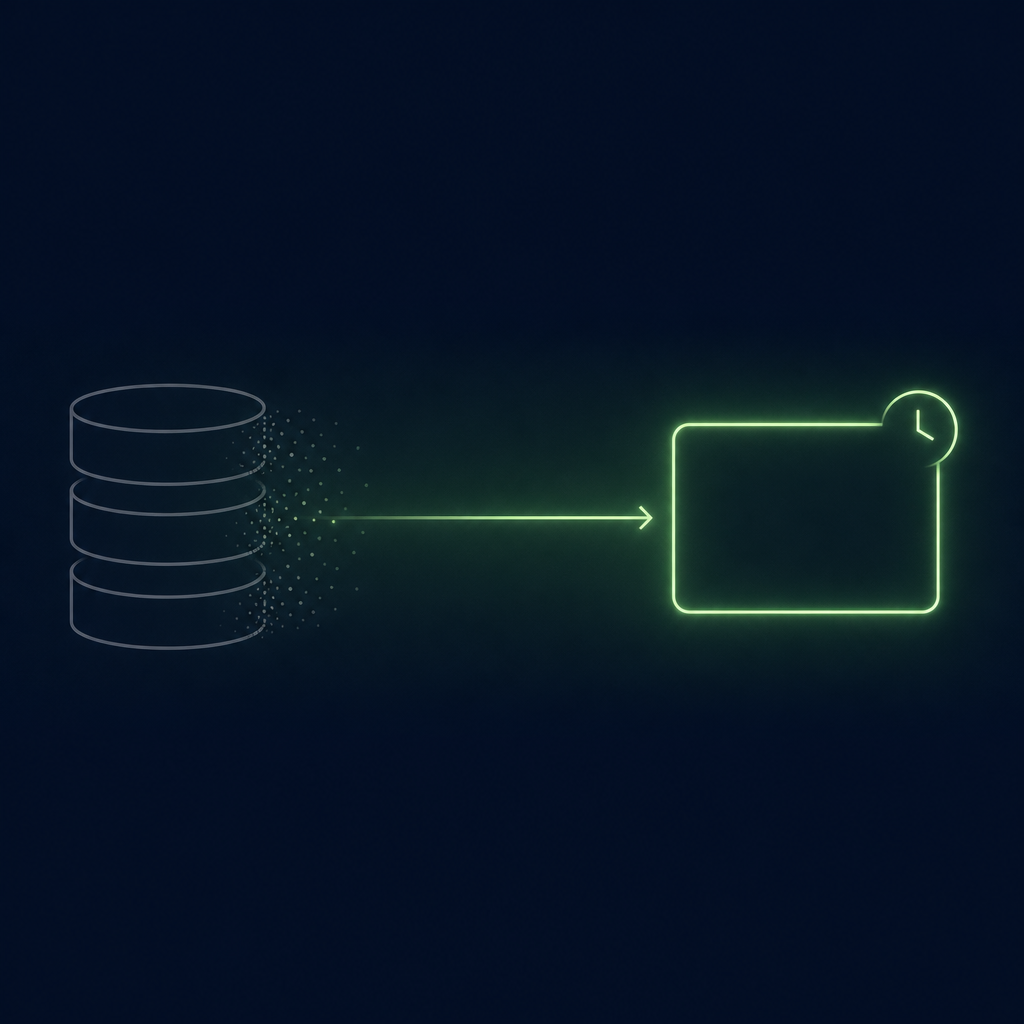 Text-free editorial vector illustration on a deep navy background: on the left, a stack of three plain stored-database cylinders drawn in dim grey outline with a faint dust of tiny fading dots drifting off them; on the right, a single plain record card outlined in luminous green with a small clock-like circle glowing at its top-right corner, connected to the stack by one thin arrow; minimal geometric shapes, subtle glow, no letters, numbers, labels or logos.