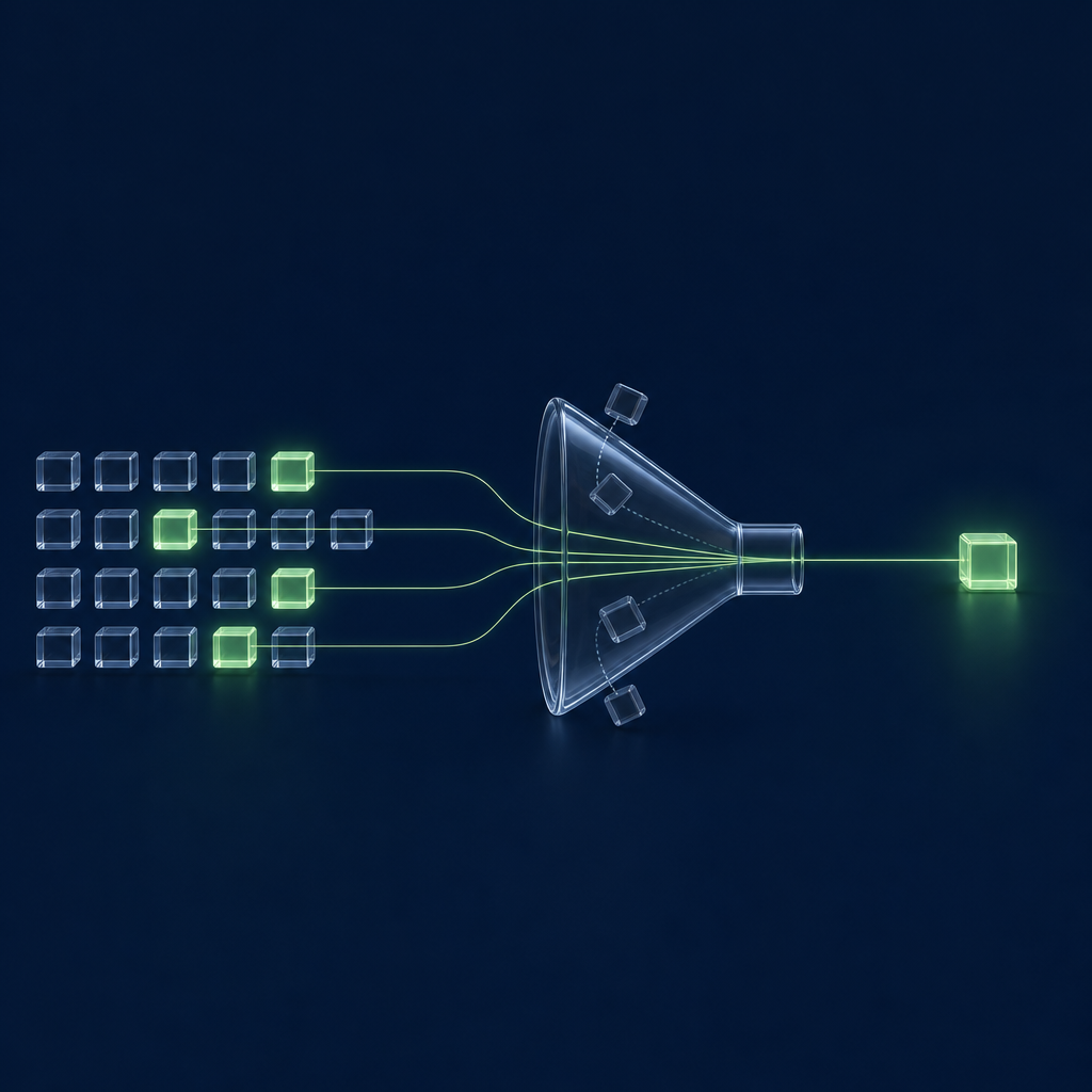 A grid of glass blocks with a few lit green sends green lines through a glass funnel gate that turns dim blocks aside, leaving one glowing green cube.
