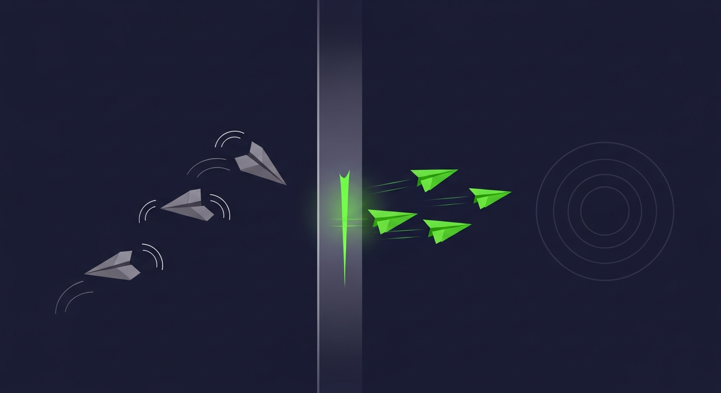 Editorial vector illustration on a deep navy background of paper planes flying toward a concentric target ring — two dull grey planes rebound off a translucent barrier with curved arc trails while three luminous green planes pass through a bright aperture and continue toward the target, suggesting verified emails landing while bad addresses bounce back.
