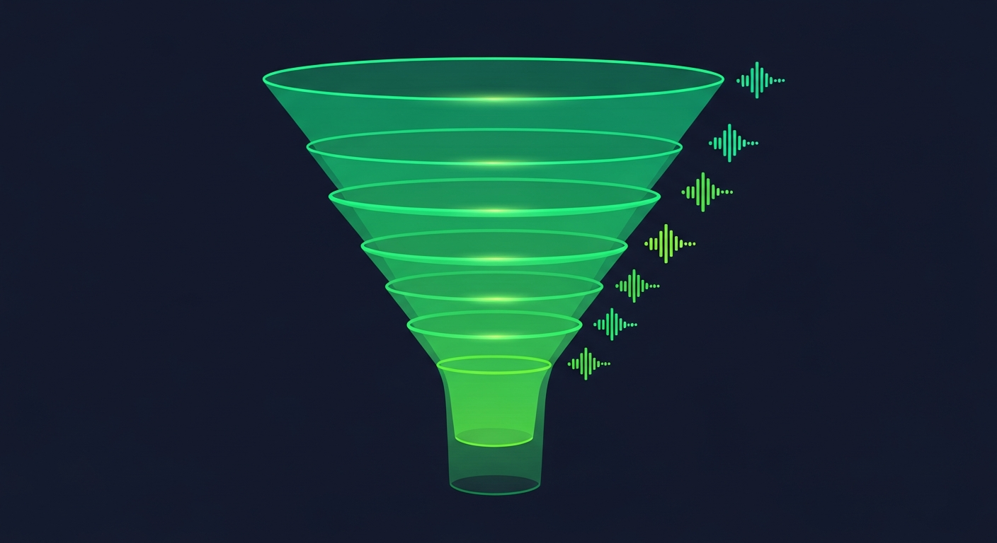 Editorial illustration of a layered green revenue funnel with glowing signal waveforms beside each stage on a deep navy background, suggesting revenue intelligence across the pipeline.
