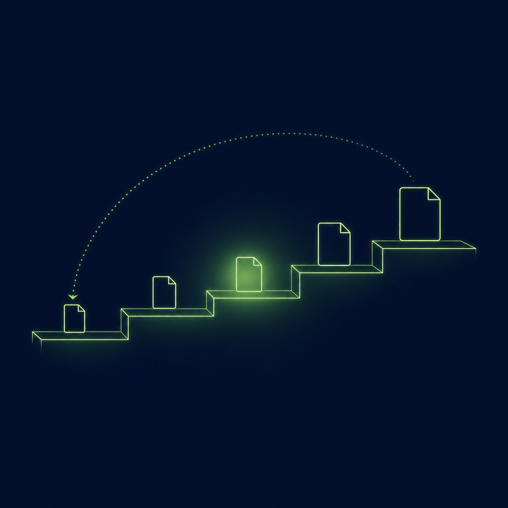 Text-free editorial vector illustration on a deep navy background: a wide five-step staircase of thin luminous green outline slabs rises from left to right across a centered horizontal band; a small plain pale document icon sits on each step, growing slightly larger toward the top; a soft green glow marks the middle step, and a faint dotted green line arcs from the top step back down to the first, ending in a small arrowhead, suggesting a cycle; minimal, subtle glow, no letters, numbers, labels or logos.