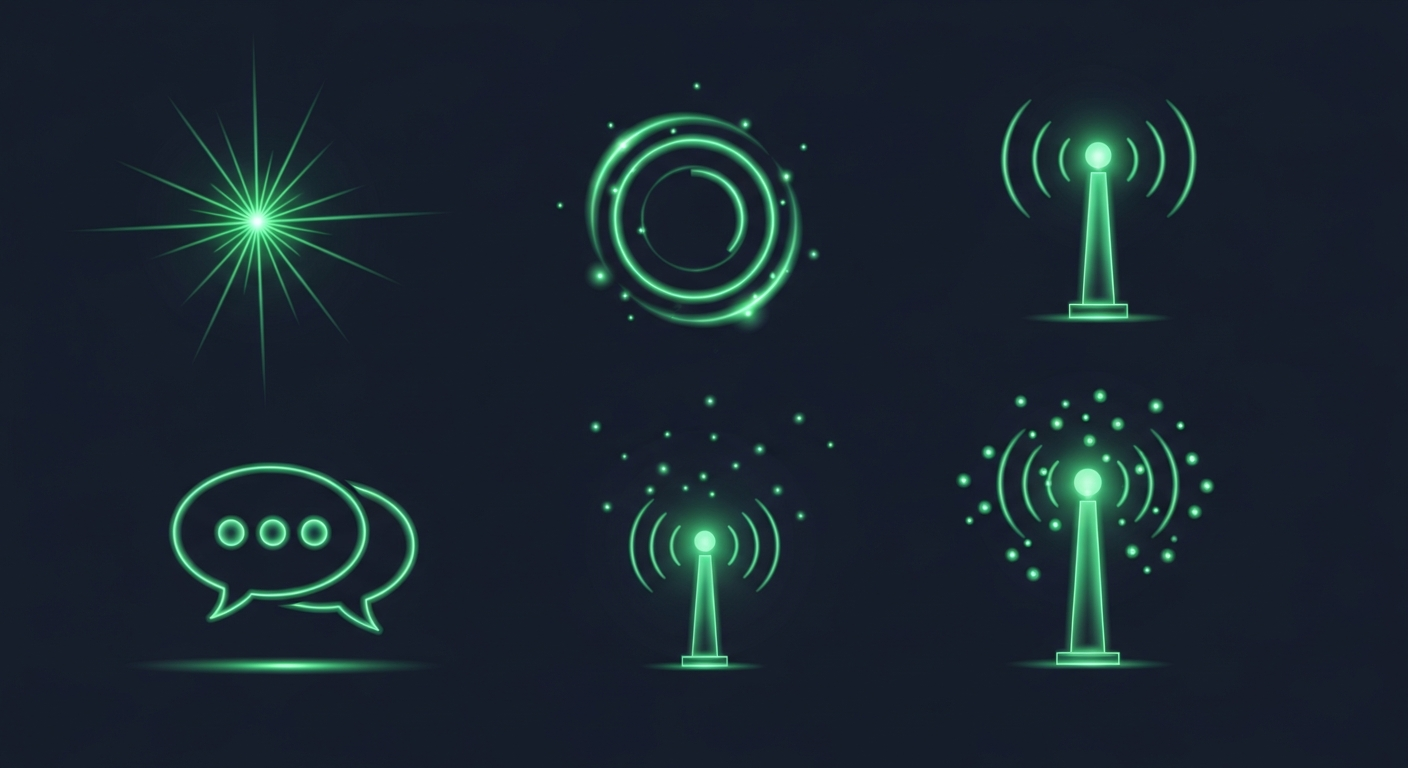 Editorial illustration of six distinct luminous green signal sources of different shapes arranged across a deep navy field, each emitting its own pattern of light, suggesting six sales intelligence platforms with different strengths rather than a single ranked winner.