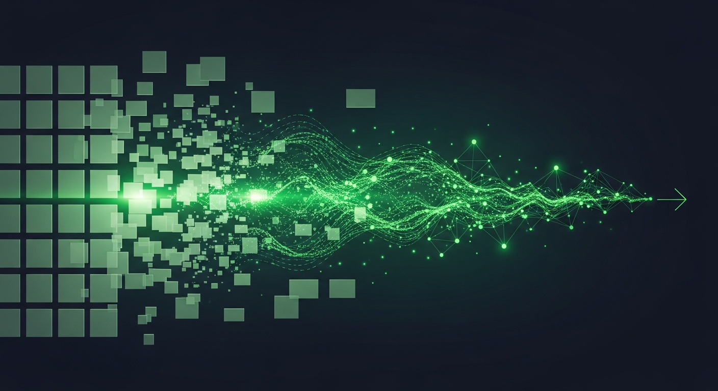 Editorial illustration of a rigid grid of pale green data blocks dissolving into flowing streams of bright green signal particles moving forward on a deep navy background, suggesting sales intelligence platforms evolving from static databases toward live signals in 2026.