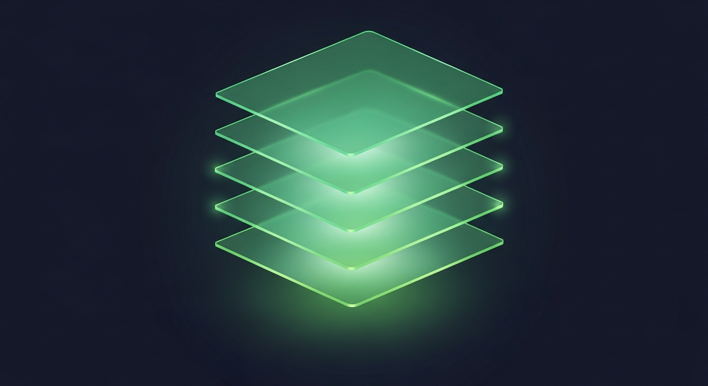 Editorial illustration of translucent green data planes stacked in floating isometric layers with light glowing between them on a deep navy background, suggesting layered sales intelligence.