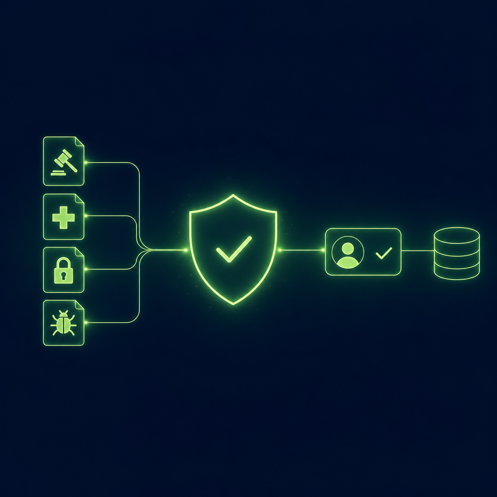 Editorial vector illustration on deep navy: a luminous green shield outline at the centre with a small glowing check mark inside; to its left, a column of four translucent green document cards, each marked only by a simple glyph (a gavel, a hospital cross, a padlock, a bug); to its right, a verified contact card showing a blank avatar circle and a check mark, linked by a thin glowing line to a plain database cylinder; thin glowing connectors join the documents to the shield and the shield to the contact card along one horizontal axis.