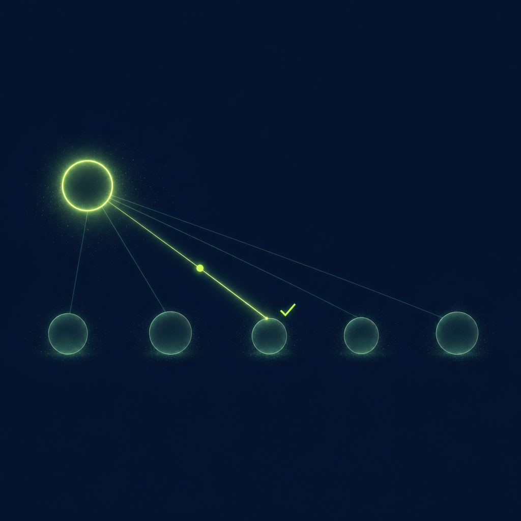 Text-free editorial vector illustration on deep navy: one large luminous green circle outline at the upper left stands for the fund, with five thin lines running down to a row of five smaller translucent green circles across the lower half, the portfolio companies; one line, to the third small circle, glows brighter than the rest and carries a single bright spring-green dot travelling along it, with a small check mark beside that circle; the other four lines stay dim. No letters, words, numbers or codes anywhere.