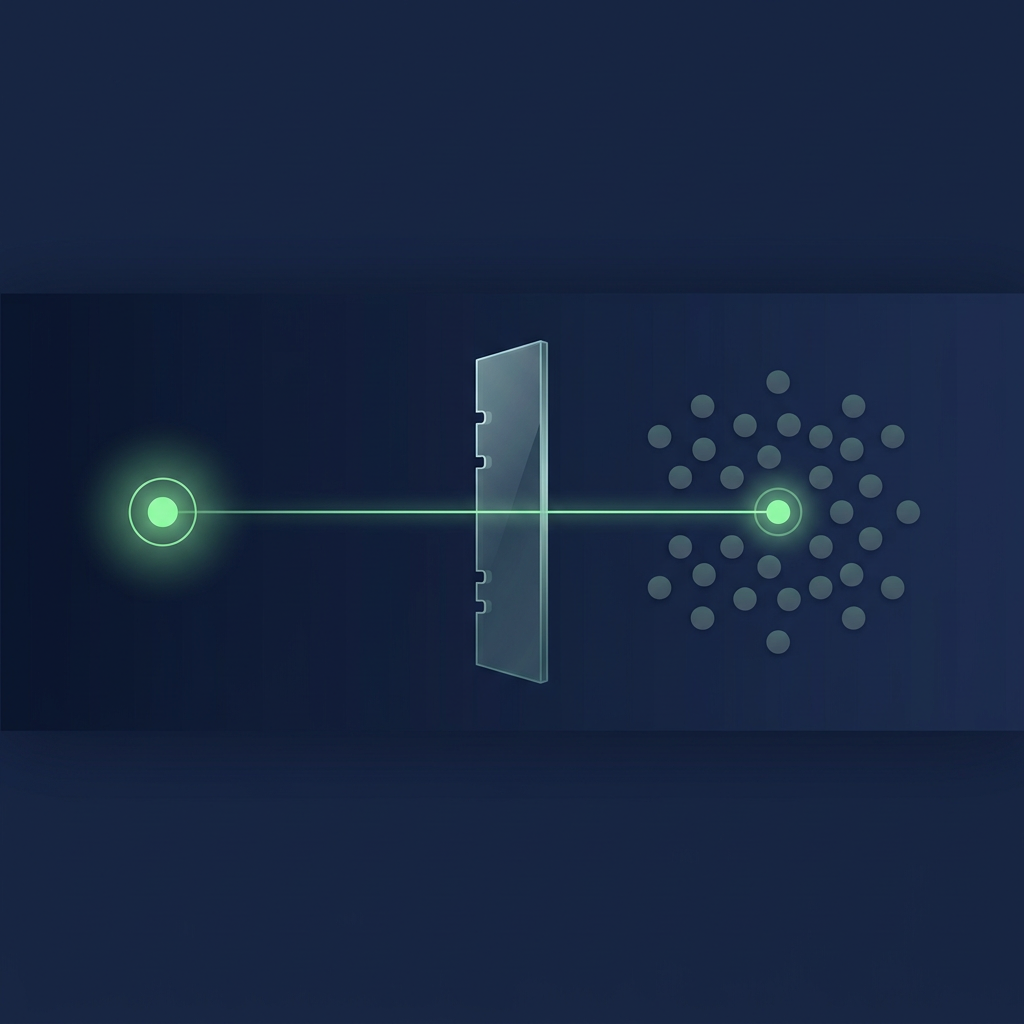 A bright source node on the left sends a thin green line through a glass gate to one glowing dot in a cluster of dim dots on the right.