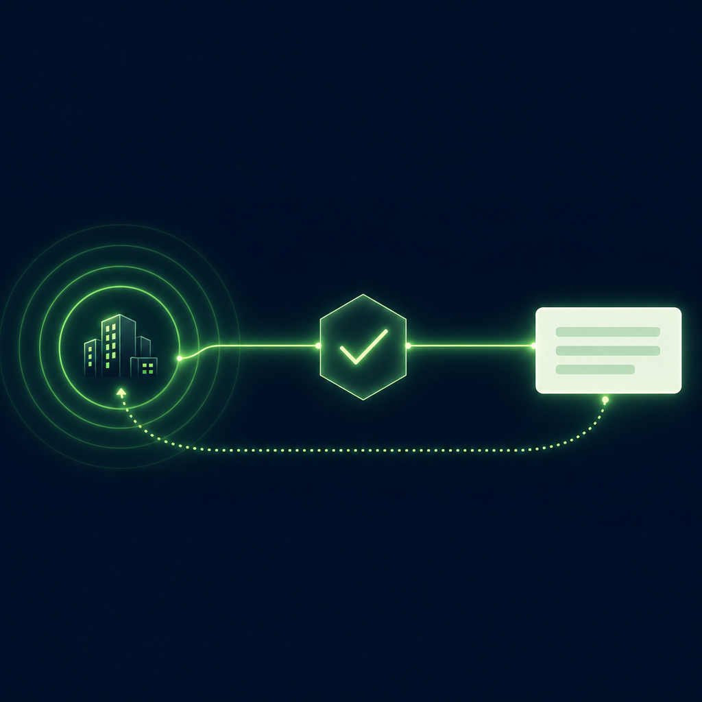 Text-free editorial vector illustration on a deep navy background: on the left, concentric luminous green pulse rings ripple outward from a small abstract office-building shape; one bright path leaves the rings, passes through a translucent hexagonal gate containing a single glowing check-mark form, and continues into a clean rectangular card shape with three faint horizontal bars; a thin dotted loop curves from the card back beneath the path toward the building; subtle glow, no logos, letters, numbers, labels or interface text.