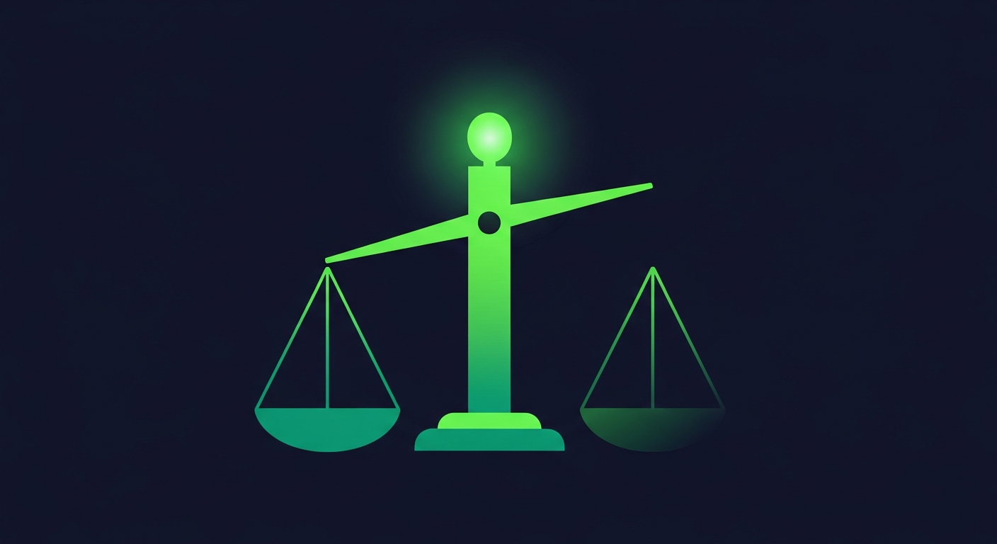 Editorial illustration of three weighted scale beams of different heights on a deep navy background, the brightest green beam tallest, suggesting confidence-tiered signal weighting.