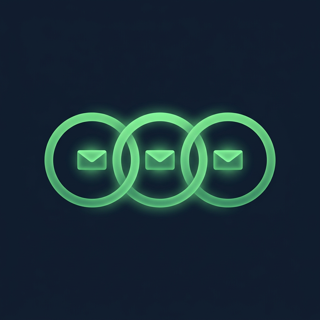 Editorial vector illustration on a deep navy background of three interlocking luminous green rings forming a vertical chain, each ring sealing around a small envelope shape passing through their shared center, with a soft green glow where the rings overlap — suggesting three layers of verification locking around a single message.