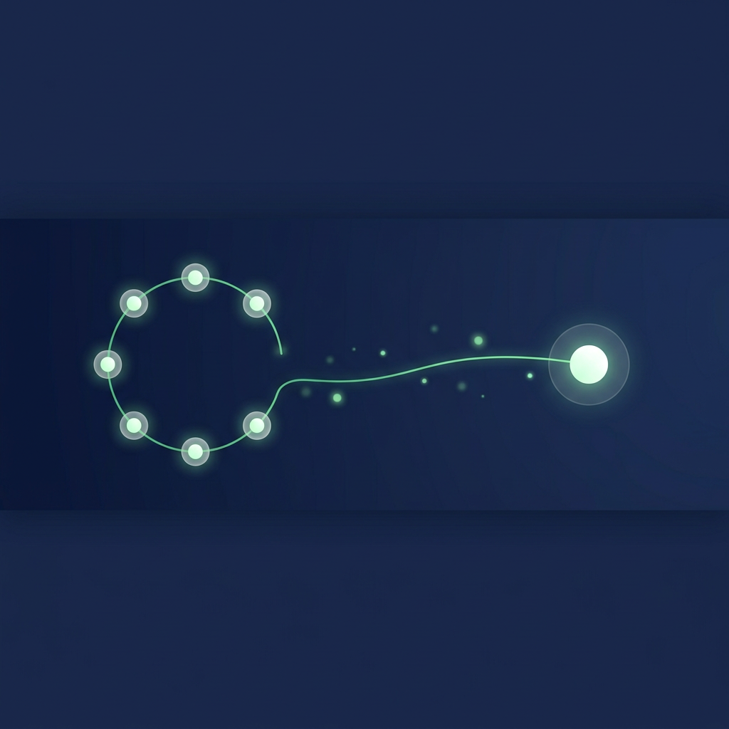 A ring of seven glowing nodes on a deep navy field, with one green thread running from it to a single bright node set apart.