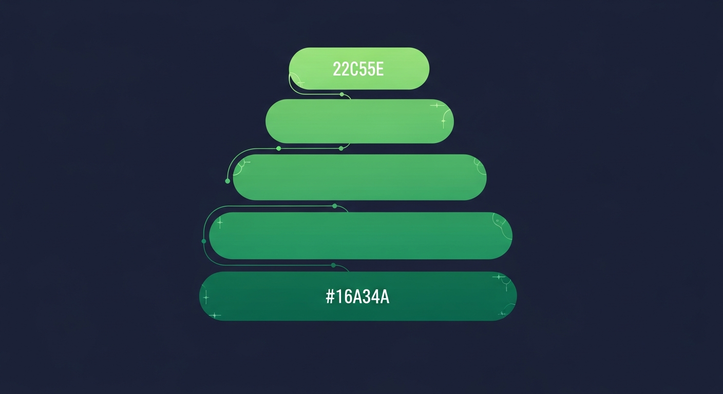 Editorial illustration of a stack of horizontal green tiles in graduating tones on a deep navy background, suggesting layered tech-stack data.