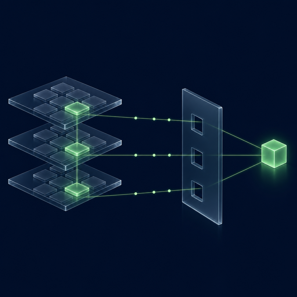 Three stacked glass layers with one green tile lit in each send green dotted lines through a glass gate with three openings to a single glowing green cube.