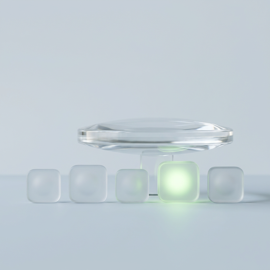 A clear glass lens held above a row of five frosted glass tiles, focusing a soft green glow onto one tile.