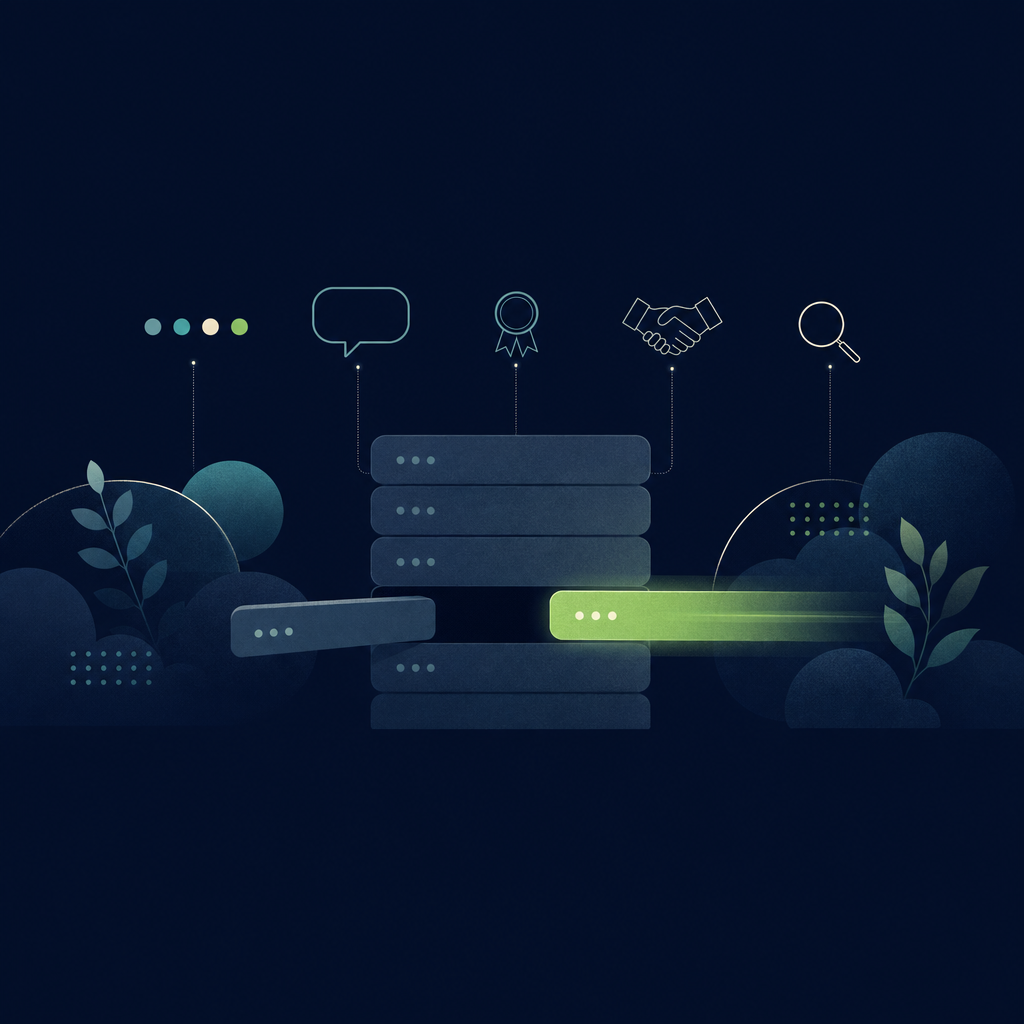 Text-free editorial vector illustration on a deep navy background, composition held inside a horizontal band across the middle of the frame with empty navy margins above and below: at the centre, a plain translucent server-rack silhouette made of stacked rounded slabs; the lower slabs are a muted grey-blue and one of them is sliding out of the rack toward the left, leaving a dark gap, while a single luminous spring-green slab slides in from the right to take its place; above the rack, four small plain witness marks hover in a row, a rounded speech-bubble outline, a tiny ribbon badge, a simple handshake outline and a small magnifying-glass outline, each connected to the rack by a thin faint thread; soft dark foliage silhouettes and rounded hill shapes at either side and a short row of four small dots at the upper left; minimal flat geometric shapes, subtle glow, no letters, numbers, labels or logos.