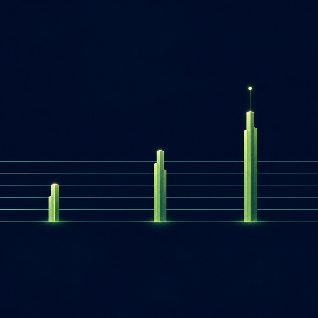 Text-free editorial vector illustration on a deep navy background, composition held inside a horizontal band across the middle of the frame with empty navy margins above and below: six parallel horizontal lines in soft teal run from left to right like lanes; three slim upright spring-green towers of different heights stand on three of the lanes; a single thin luminous spring-green line rises from the tallest tower and ends in a small solid glowing dot; minimal flat shapes, subtle glow, no letters, numbers, labels or logos.