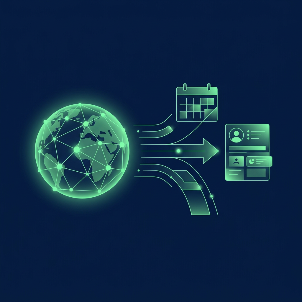 Text-free editorial vector illustration on a deep navy background showing a luminous green connectivity globe beside three converging paths, a calendar tile without markings, and a clean prospect dossier card made only of abstract shapes; widescreen, minimal, subtle glow, no letters, numbers, logos, labels, watermarks, or interface text.