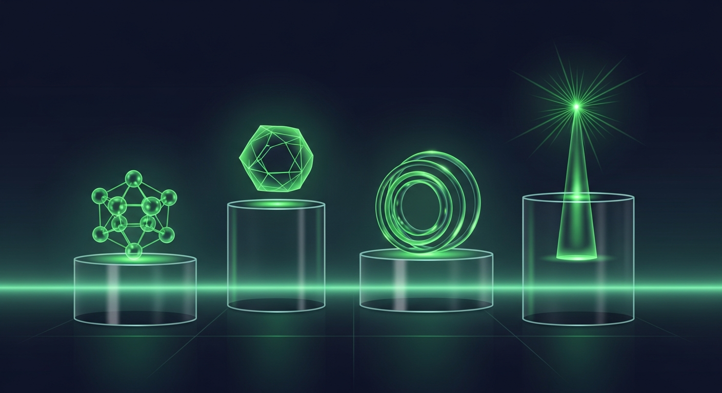 Editorial illustration of four translucent glass pedestals arranged in an arc on a deep navy background, each holding a distinct luminous green geometric form — a cluster of connected spheres, a faceted prism, concentric glowing rings, and a tall radiating beacon — suggesting different categories of tools displayed side by side.