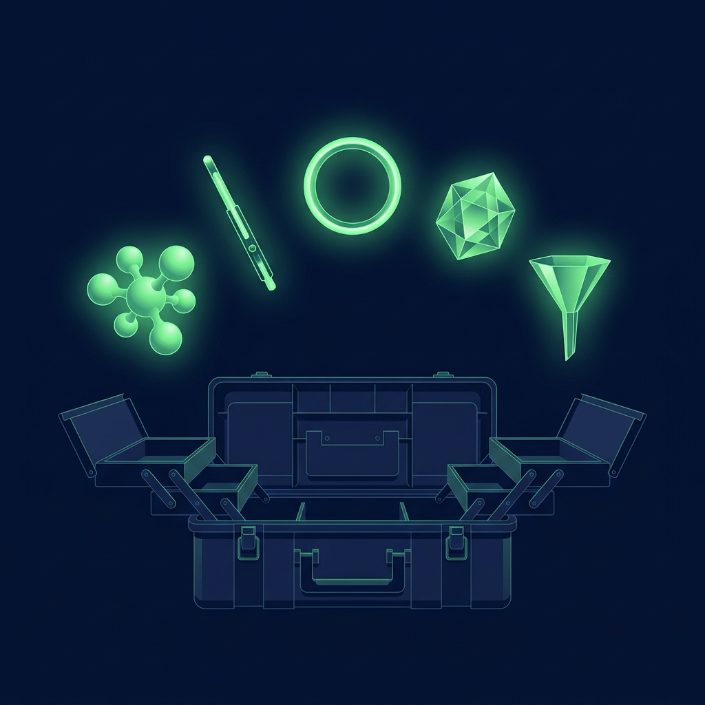 Editorial illustration of an open toolbox on a deep navy background with five distinct luminous green abstract instruments floating above it in an arc — a sphere cluster, a slim rod, a ring, a faceted crystal, and a funnel shape — suggesting a set of recommended tools for one job.