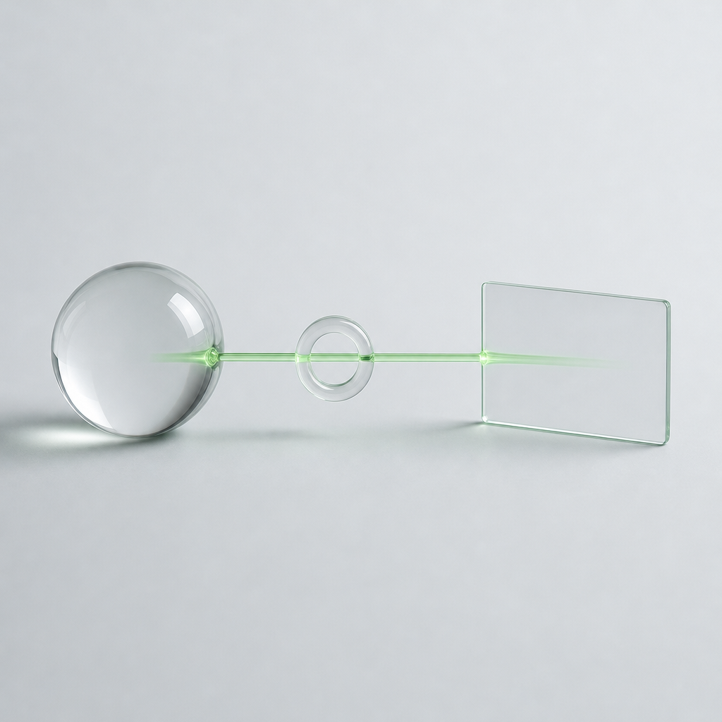 A glass sphere on the left and a glass card on the right, joined by a thin green line that passes through a small clear ring.
