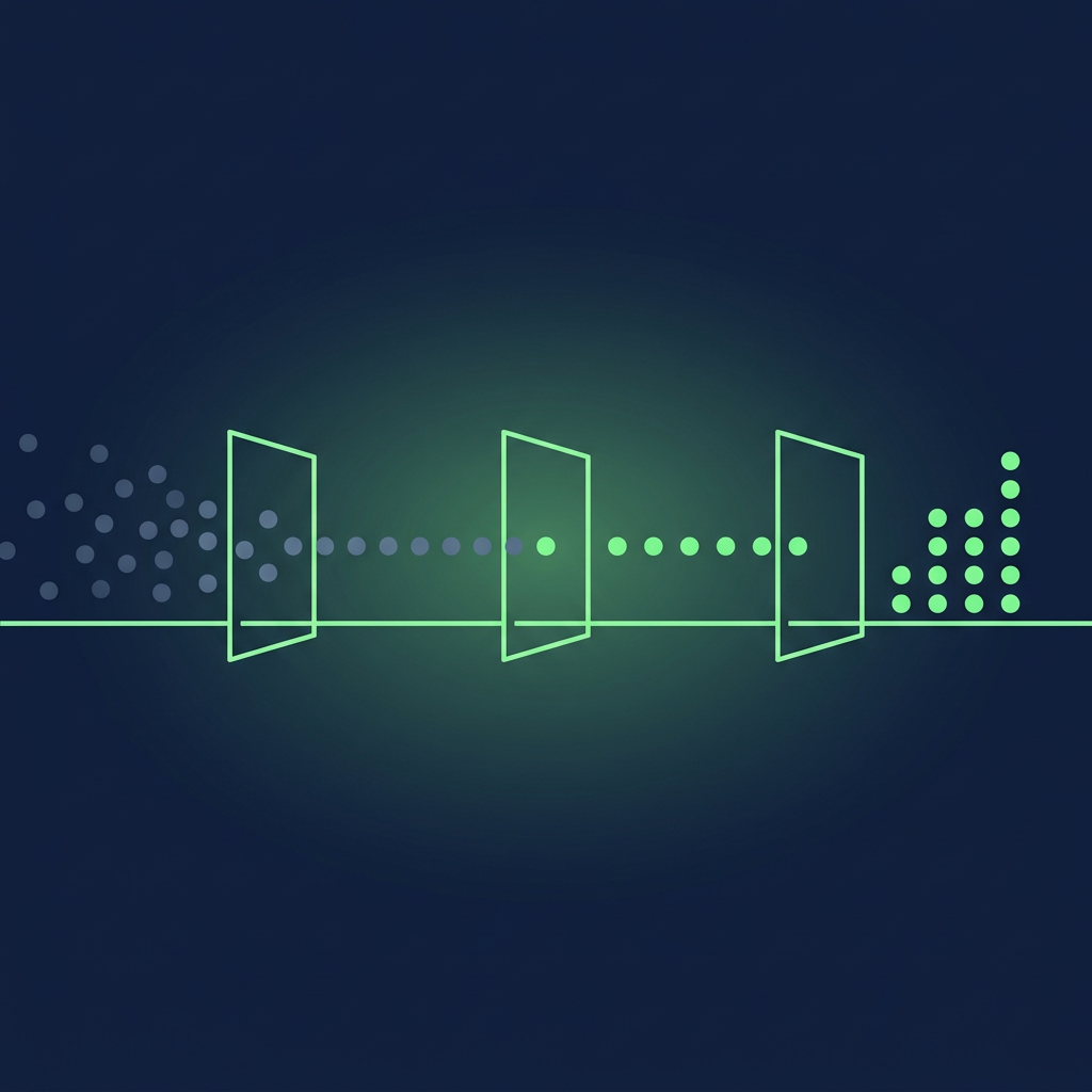 Text-free editorial vector illustration on a deep navy background, composition held inside a horizontal band across the middle of the frame with empty navy margins above and below: a single thin spring-green rail runs from the left edge to the right edge; three evenly spaced upright thin square frames outlined in luminous spring green stand along it like gates; from the left a loose scatter of small dim slate-blue dots drifts toward the first gate, between the first and second gate the dots line up into one row and a few turn solid bright green, between the second and third gate only evenly spaced bright green dots continue, and to the right of the third gate the green dots stack into three short ascending columns like a rising bar chart made of dots; soft green glow, minimal flat shapes, no letters, numbers, labels or logos.