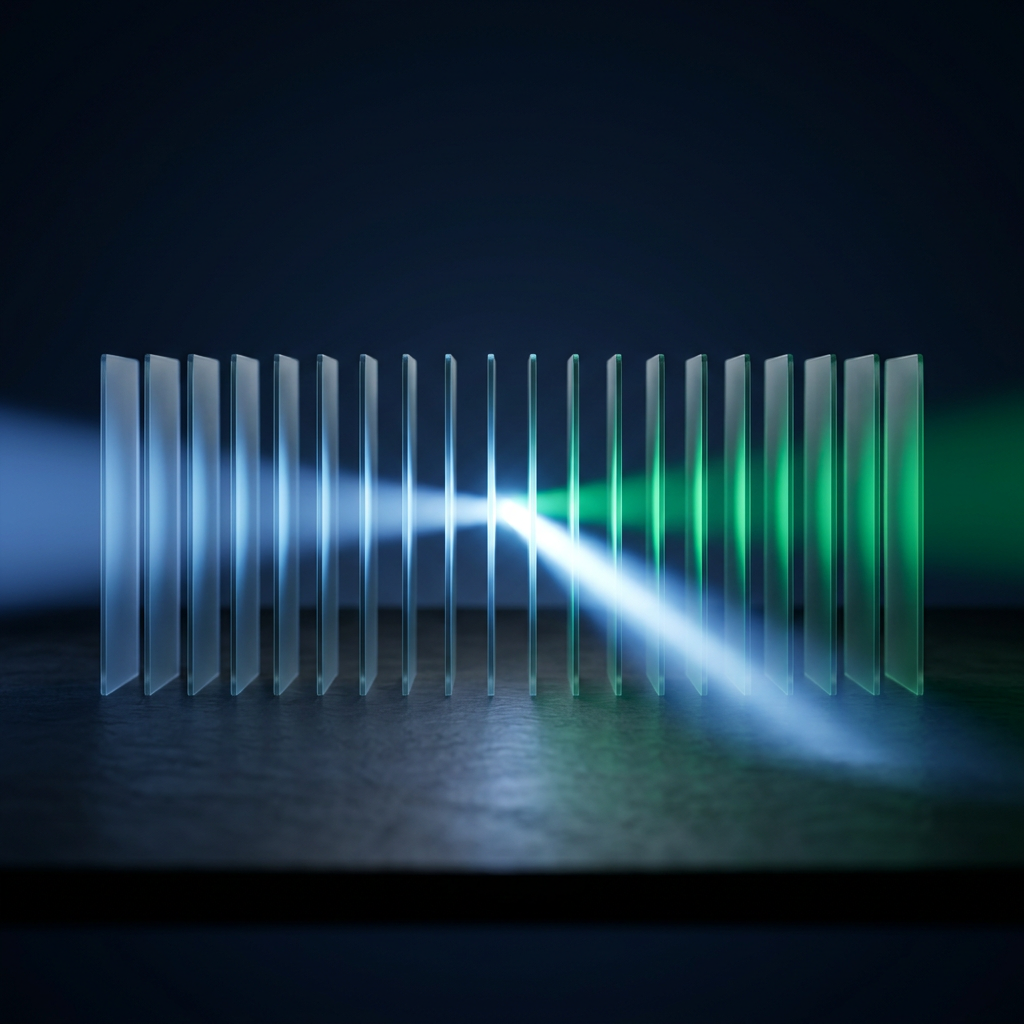 A blue beam and a green beam meet among a row of glass panels on a dark table and leave as one white beam.