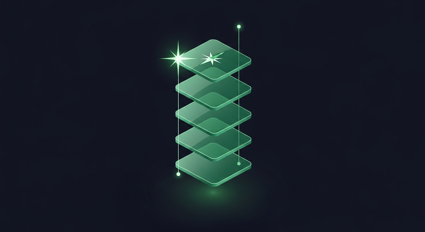 Editorial illustration of a ranked shortlist of translucent luminous-green tool tiles floating in an isometric stack with a compass needle pointing to the top one on a deep navy background, suggesting a curated roundup of top sales intelligence tools.