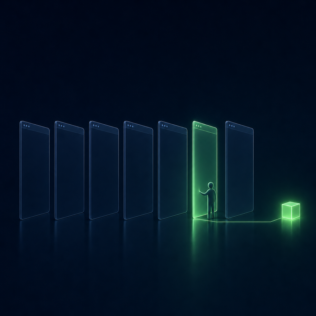 A row of dark browser-window panes with one glowing green pane, a small figure beside it and a green line running to a glowing cube.
