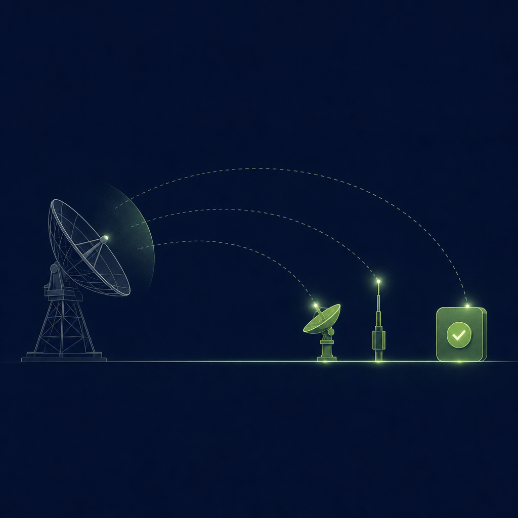 Text-free editorial vector illustration on a deep navy background, composition confined to a horizontal band across the middle of the frame with empty navy margins above and below: on the left, a thin-lined radar dish tilted upward, drawn in muted grey-blue with its sweep arc fading out and three faint dashed signal arcs trailing away from it toward the right; on the right, three compact luminous spring-green receivers stand on a thin glowing baseline, a small satellite dish, a vertical antenna mast with a glowing tip and a rounded card with a round check-mark badge, each catching one of the arcs. Minimal, subtle glow, no letters, numbers, labels or logos.