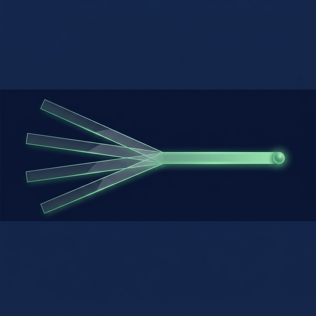 Four thin glass strips fan in from the left and merge into one wide glowing green bar that ends in a small green sphere.
