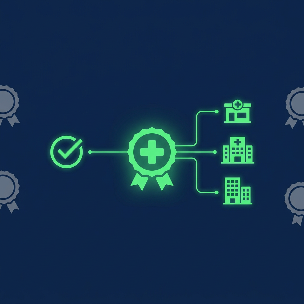 Editorial vector illustration on a deep navy background: a single glowing green medical-cross badge at the center connected by luminous green lines to a small cluster of building silhouettes (a clinic, a hospital, an office) and a verification checkmark ring, with faint gray unlinked badges drifting to the outer edges. No text, no labels, readable purely from the shapes and the green connective lines.