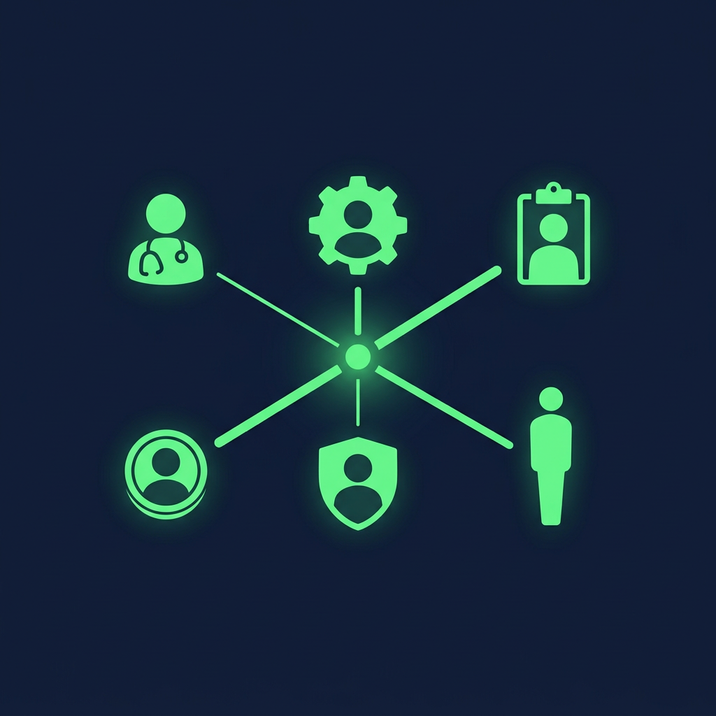 Editorial vector illustration on a deep navy background: six distinct human-silhouette icons arranged around a central glowing green decision node, each silhouette a different simple shape (a stethoscope curve, a gear, a clipboard, a coin, a shield, a tall figure) connected to the node by luminous green lines of varying thickness to imply different weight in the decision. No text, no numbers, roles conveyed only by icon shape and line weight.