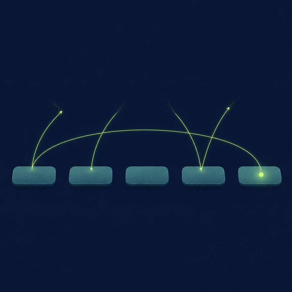 Text-free editorial vector illustration on a deep navy background, composition held inside a horizontal band across the middle of the frame with empty navy margins above and below: a row of five soft teal rounded rectangles like seats, evenly spaced from left to right; five thin luminous spring-green arcs travel between and out of the seats, two leaving upward, two arriving from above into different seats and one crossing from the far-left seat to the far-right seat; a single small solid glowing spring-green dot sits on the seat where the longest arc lands; minimal flat shapes, subtle glow, no letters, numbers, labels or logos.