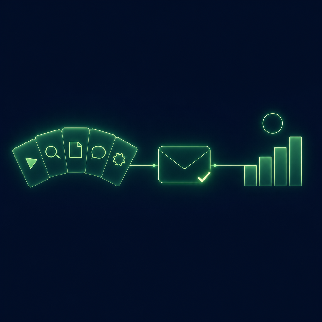 Text-free editorial vector illustration on a deep navy background, everything held inside one horizontal band across the middle of the frame with empty navy margins above and below: on the left, five translucent green cards fanned like a hand of playing cards, each carrying one plain glyph, a play triangle, a magnifying glass, a blank page, a speech bubble and a small gear; in the centre, a plain envelope card outlined in luminous green with a small glowing check mark at its corner; on the right, a simple rising bar chart under a thin ring; thin glowing lines connect the fan of cards, the envelope and the chart. No letters, words, numbers or codes anywhere.