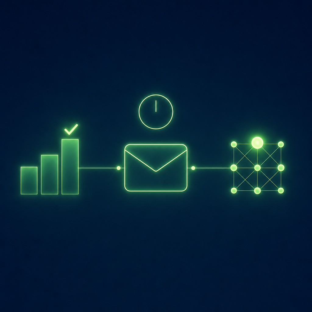 Text-free editorial vector illustration on a deep navy background, everything held inside one horizontal band across the middle of the frame with empty navy margins above and below: on the left, three ascending translucent green bars like a rising quarterly chart with a glowing green check mark resting on the tallest bar; in the centre, a plain envelope card outlined in luminous green; on the right, a cluster of nine small linked dots with one brighter dot at the top, suggesting a sales team and its leader; thin glowing lines connect the bars, the envelope and the dots; above the envelope a plain thin ring with a single short tick, like a clock face without numerals. No letters, words, numbers or codes anywhere.