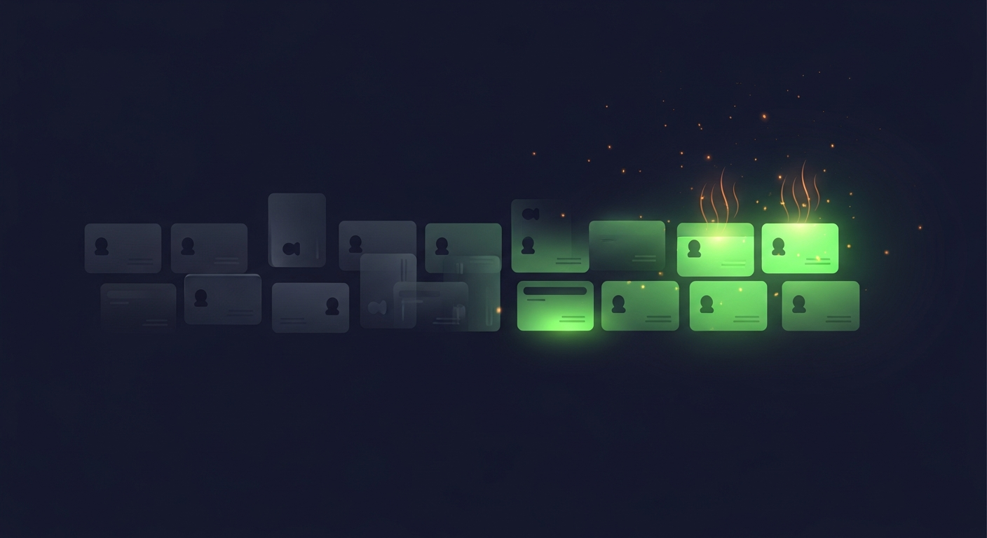 Editorial illustration of a horizontal field of contact cards on a deep navy background, dim frosted grey-blue cards on the left gradually igniting into a bright cluster of luminous green cards with soft ember-like glow particles rising above them, suggesting cold leads warming into ready-to-work B2B leads.