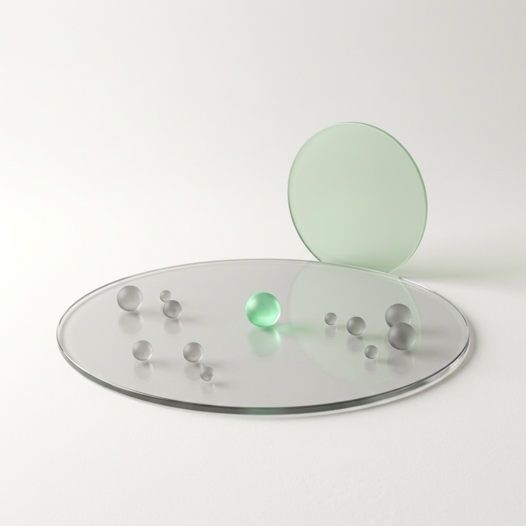 A large flat glass disc like a round stage holds several small grey glass spheres and one glowing green sphere near its centre, with a smaller pale-green disc standing behind it.