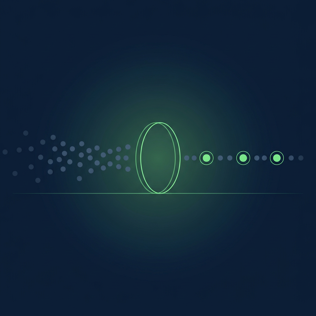 Text-free editorial vector illustration on a deep navy background, composition held inside a horizontal band across the middle of the frame with empty navy margins above and below: from the left a loose stream of many small dim slate-blue dots flows toward a single large upright ring outlined in luminous spring green at the centre; to the right of the ring the stream continues as a thin line of dots, three of them solid bright green and each held inside its own small thin green outline circle while the rest stay dim; a faint thin green baseline runs under the whole stream; minimal flat shapes, subtle glow, no letters, numbers, labels or logos.