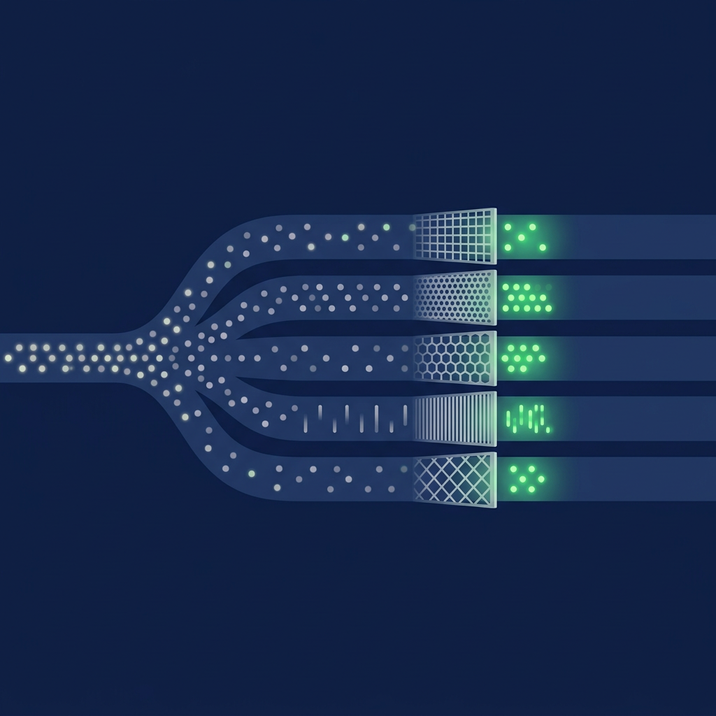 One stream of dots splits into five channels, and each mesh lights up a different cluster.