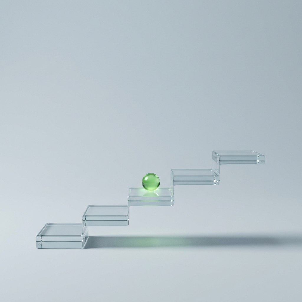 Five clear glass steps rising left to right, with a small glowing green sphere resting on the third step.
