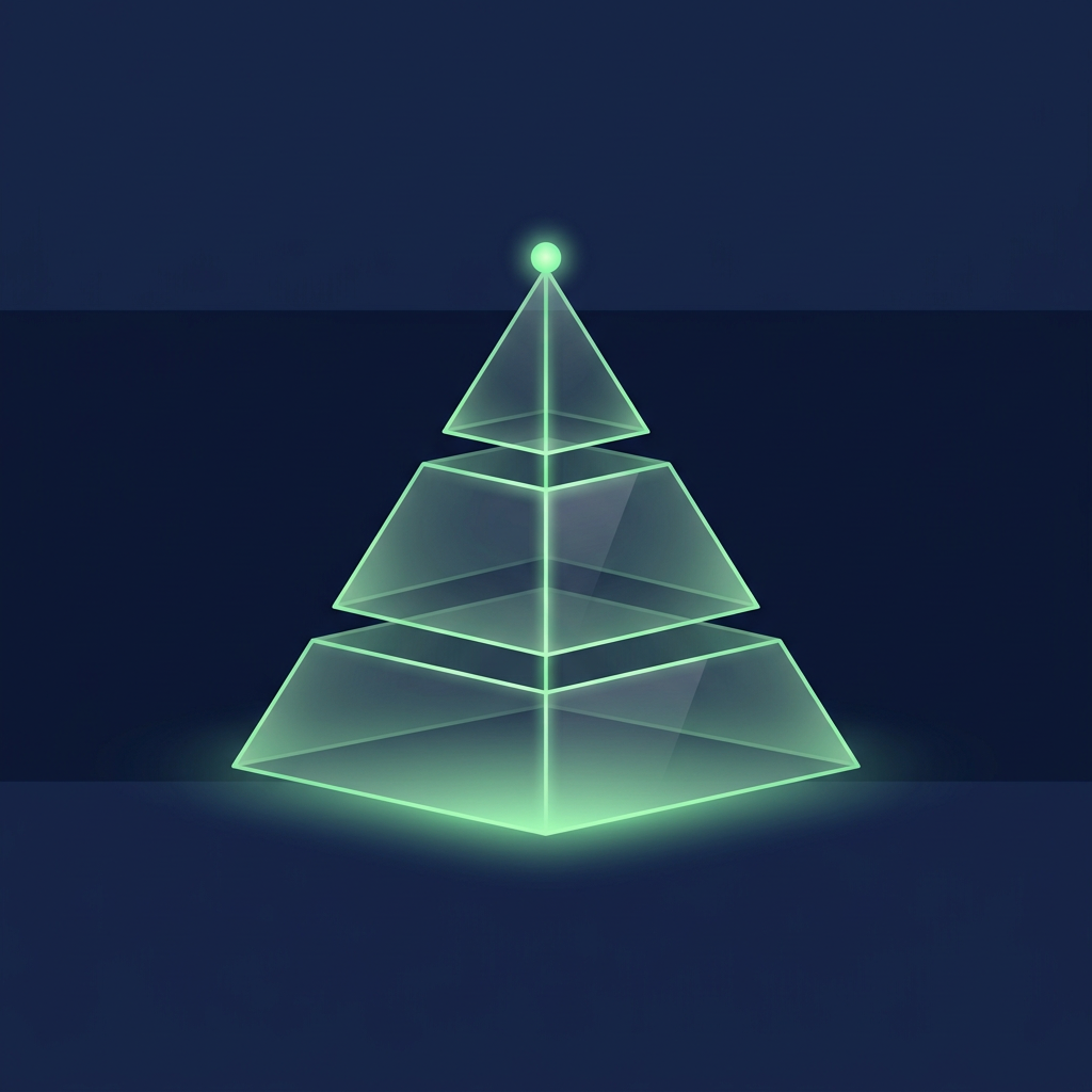 A pyramid of three stacked glass layers outlined in green, with a thin green line through its centre ending in a small glowing node at the apex.