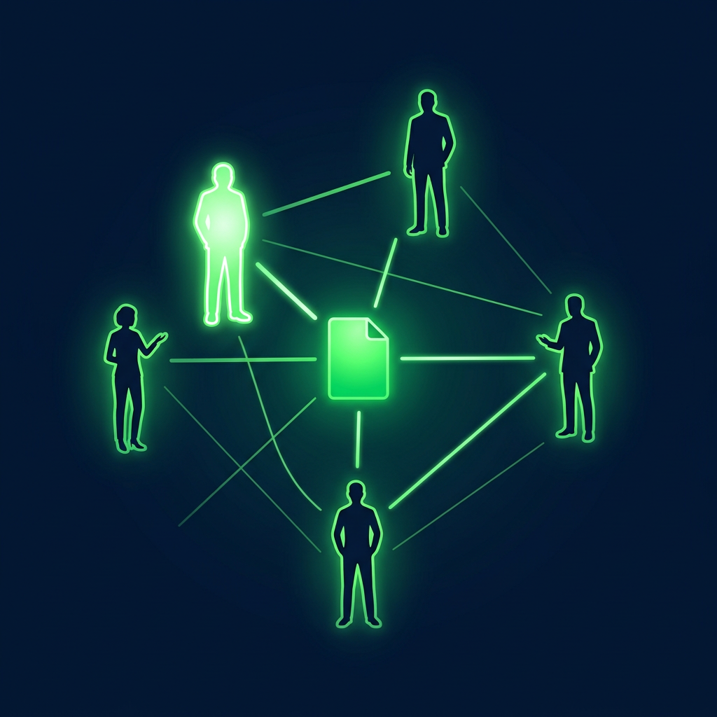 Editorial vector illustration on a deep navy background: five human silhouette icons arranged around a central luminous green document node, connected by thin green lines of varying brightness that show who influences and who decides, with one silhouette outlined most brightly to suggest the economic buyer. Composition reads as a buying committee map, purely from position, line weight, and glow. No text, no numbers.