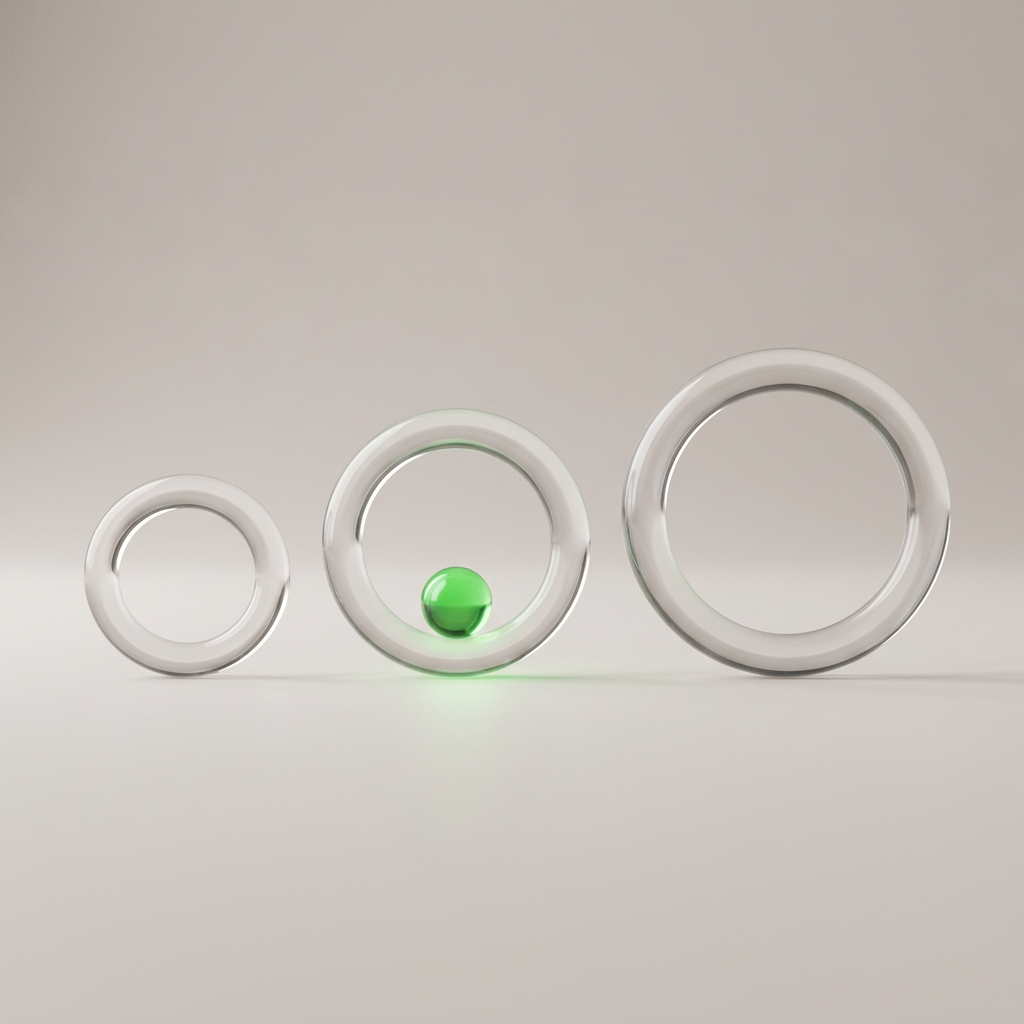 Three glass rings of different sizes stand upright in a row on a pale surface, with one small glowing green sphere resting inside the middle ring.