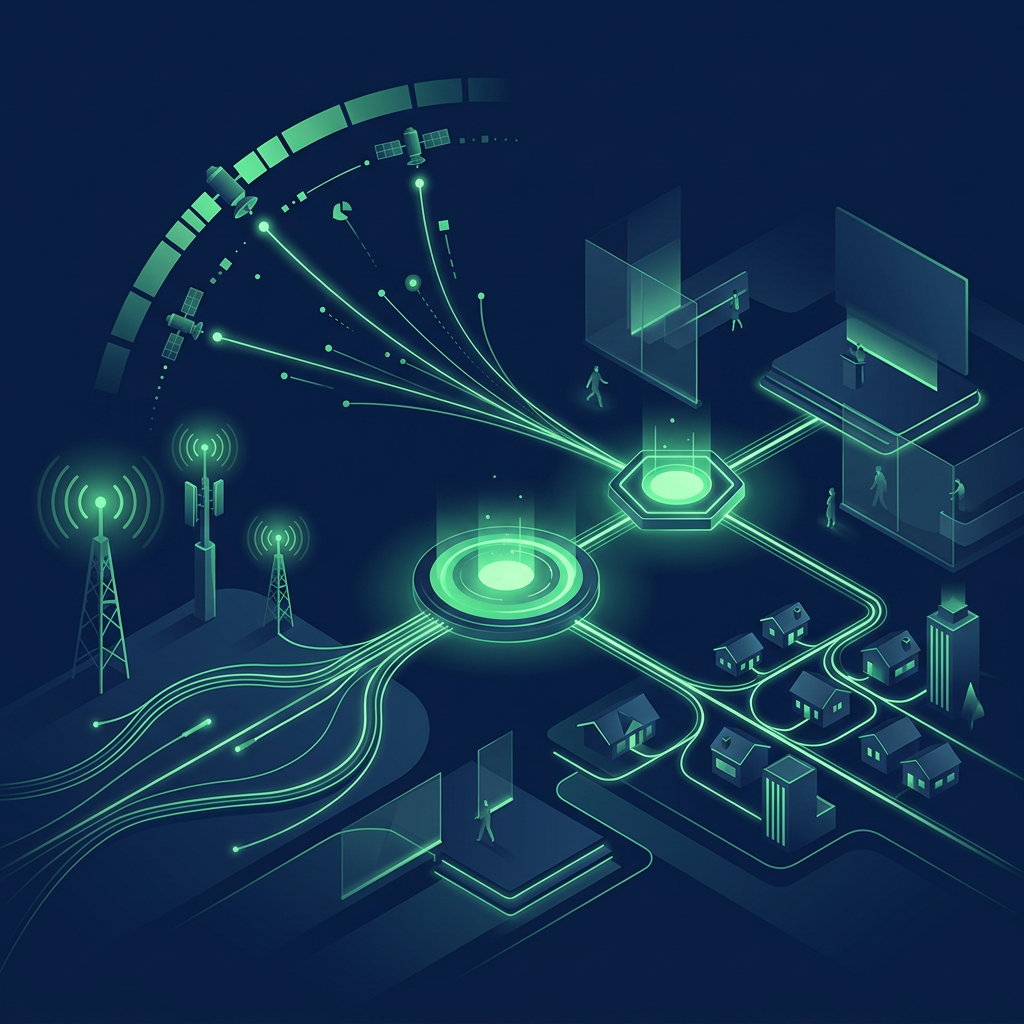 Text-free widescreen editorial vector illustration on deep navy of wireless towers, fiber strands, a satellite arc, and small business rooftops converging into luminous green meeting nodes inside an abstract Las Vegas conference space; clean geometric style, no letters, numbers, signage, logos, labels, or words.