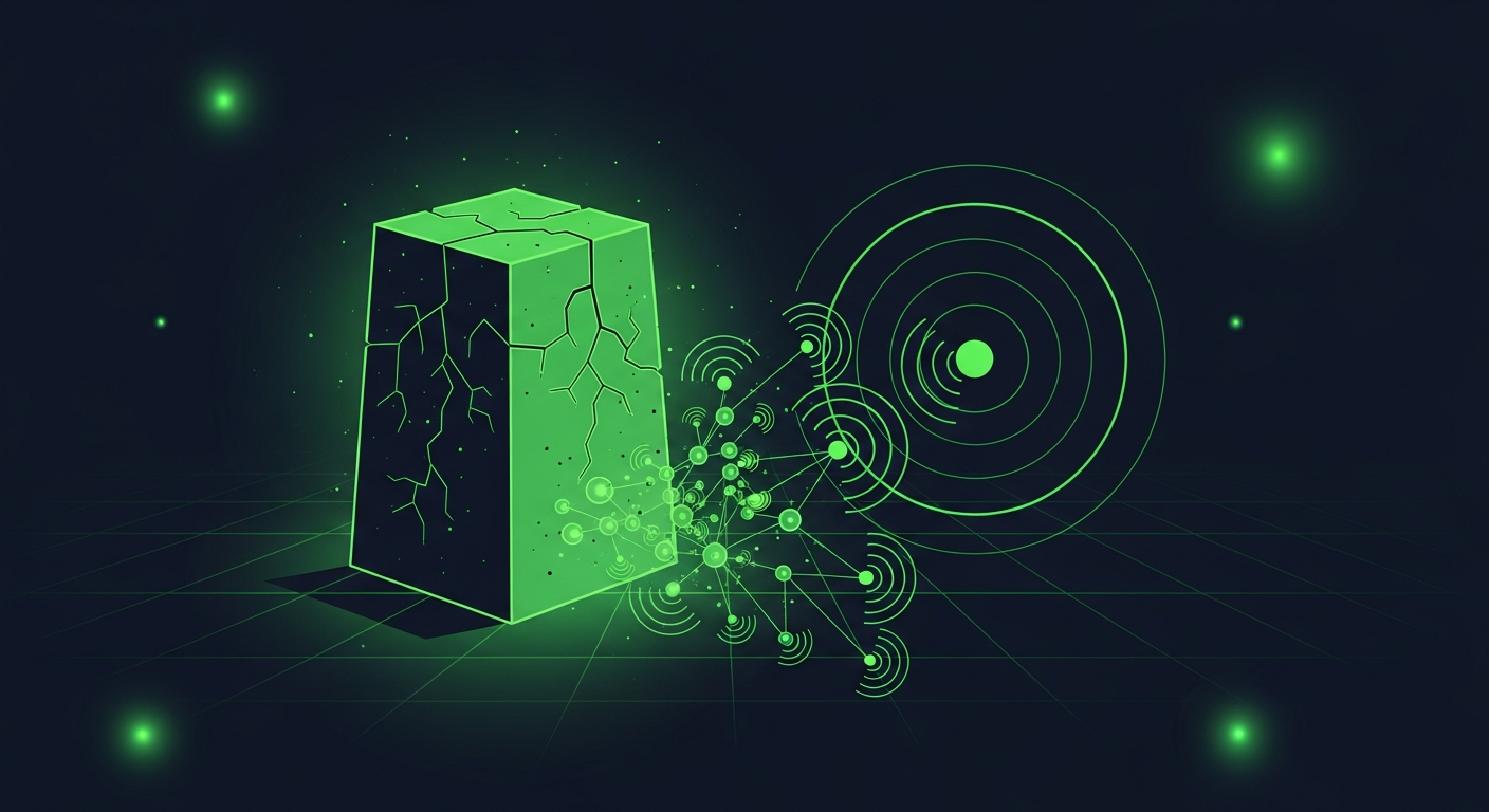 Editorial illustration of a large cracked green monolithic cube — a bulky legacy platform — beside a vivid cluster of connected green signal nodes emitting radar waves on a deep navy background, suggesting a nimble modern alternative.