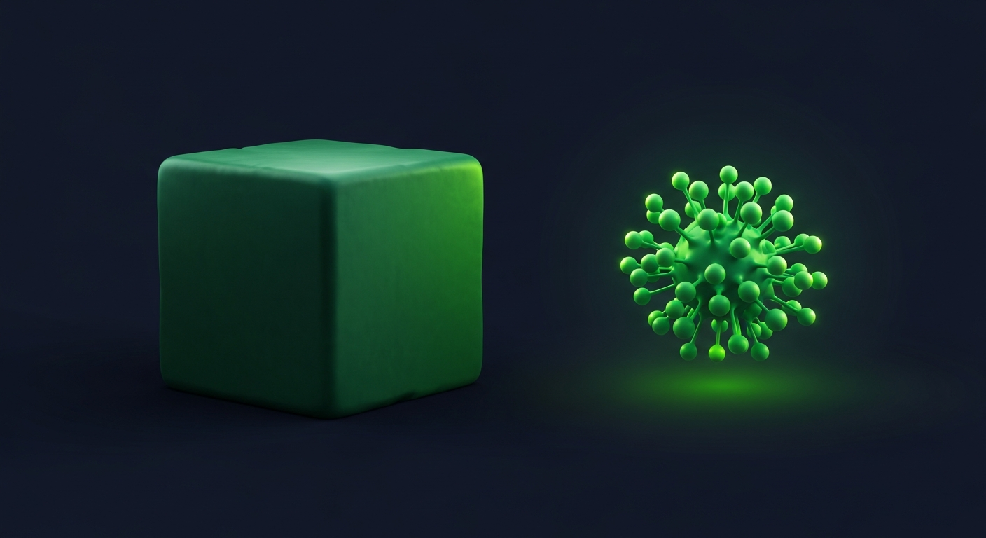 Editorial illustration of a large heavy green cube beside a small but vivid cluster of connected green nodes on a deep navy background, suggesting a nimble alternative to a bulky platform.
