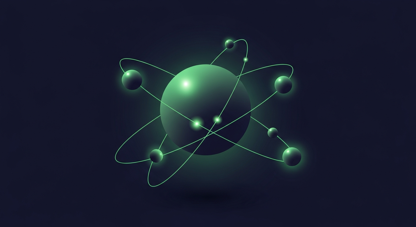 Editorial illustration of one large dim sphere at the center of a deep navy scene, ringed by several smaller luminous green spheres of varying sizes, each traveling its own thin glowing orbital ring, suggesting a dominant platform's cost measured against a field of lighter competitors.