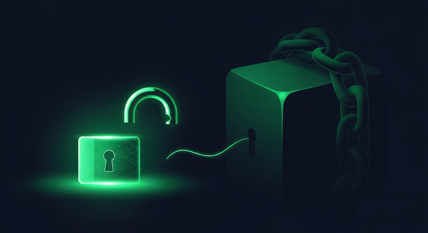 Editorial illustration of a glowing luminous green open padlock with its shackle sprung free beside a single short unbroken thread, set against a heavy dim chained cube on a deep navy background, suggesting freedom from a long-term contract lock-in.